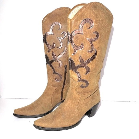 RARE Vintage Nine West Distressed Leather Heeled‎ Cowboy Boots Size 37 US 6.5 - Picture 1 of 8